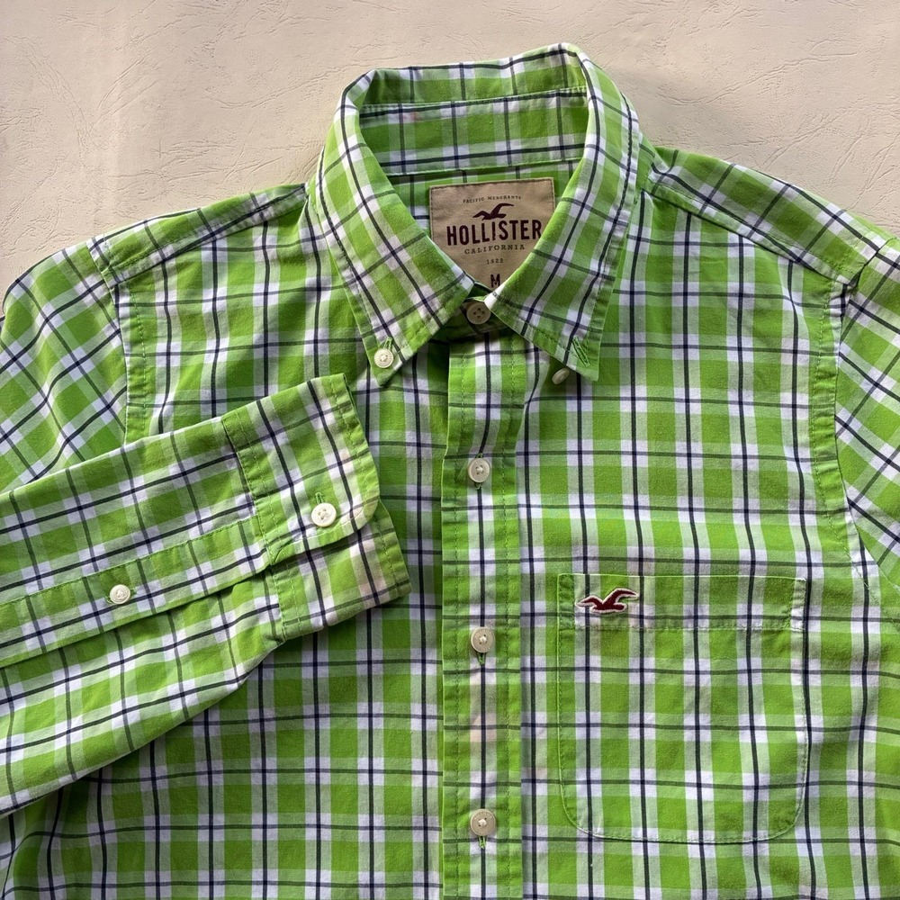 Hollister California Mens Medium Plaid Checkered Green Button Up Shirt
